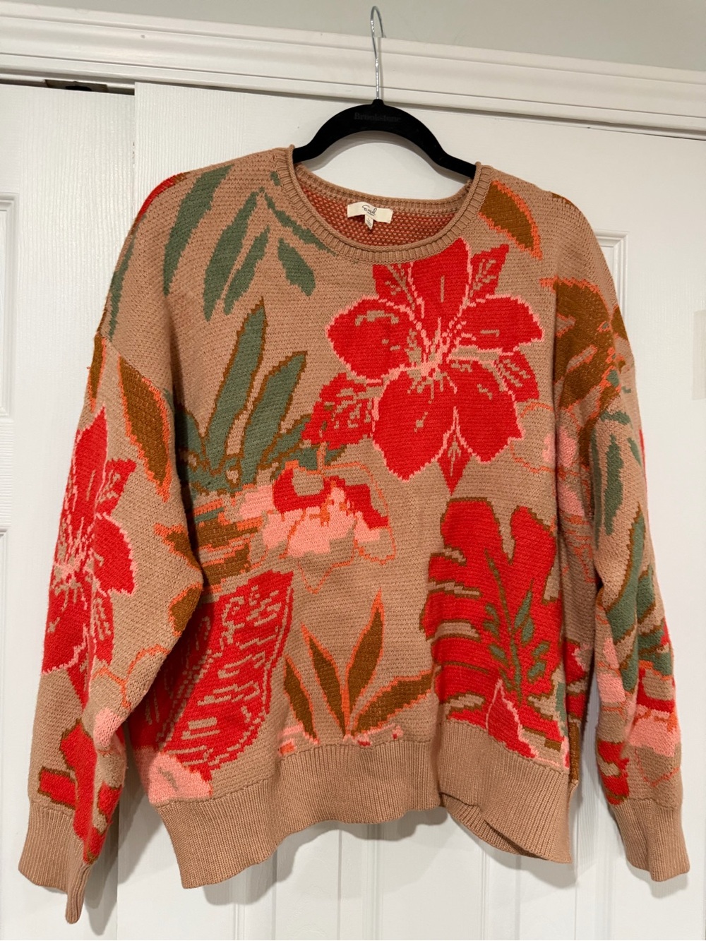 Floral Knit Sweater in Tan and Red